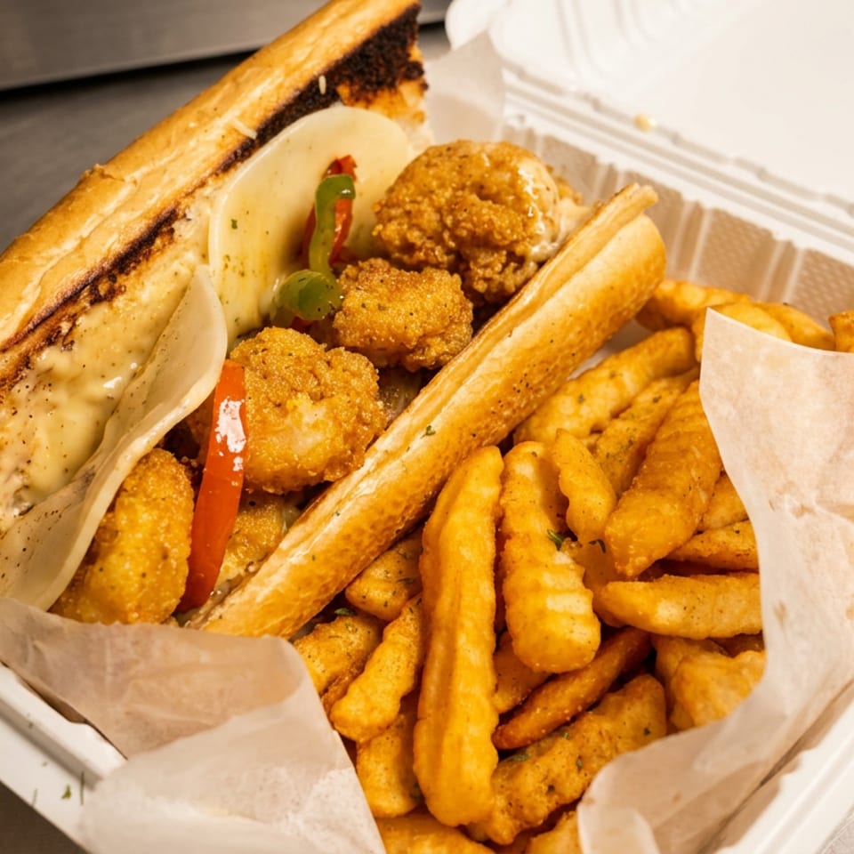 Fried shrimp po'boy sandwich with cheese, peppers, and crinkle-cut fries in a white takeout container.