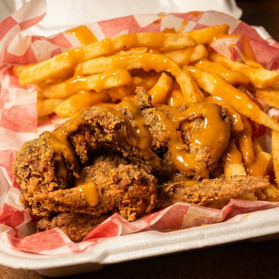 Golden fried chicken and french fries with cheese sauce in a red checkered takeout container.