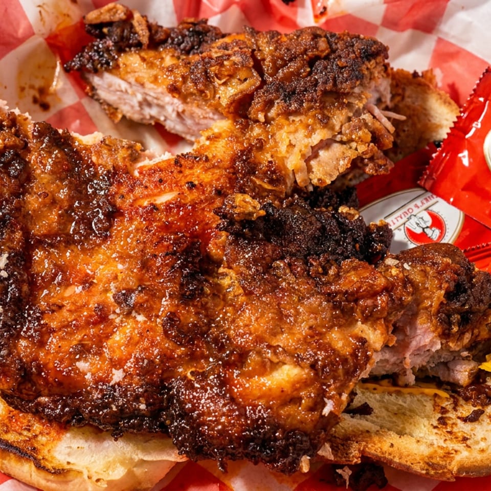 Crispy fried chicken sandwich on a bun, served with ketchup and mustard packets on checkered paper.